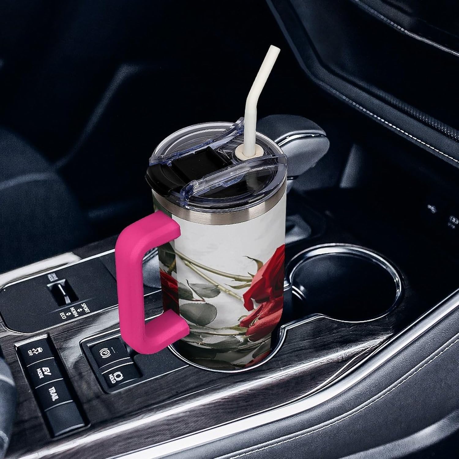 Large Car Cup with Handle&Lid Fashion Valentine Red Rose Tumbler Sturdy Insulated Water Bottle Stainless Steel Vacuum Travel Mug Portable Coffee Cup for Home Outdoor 40 Oz Light Rose Red-style