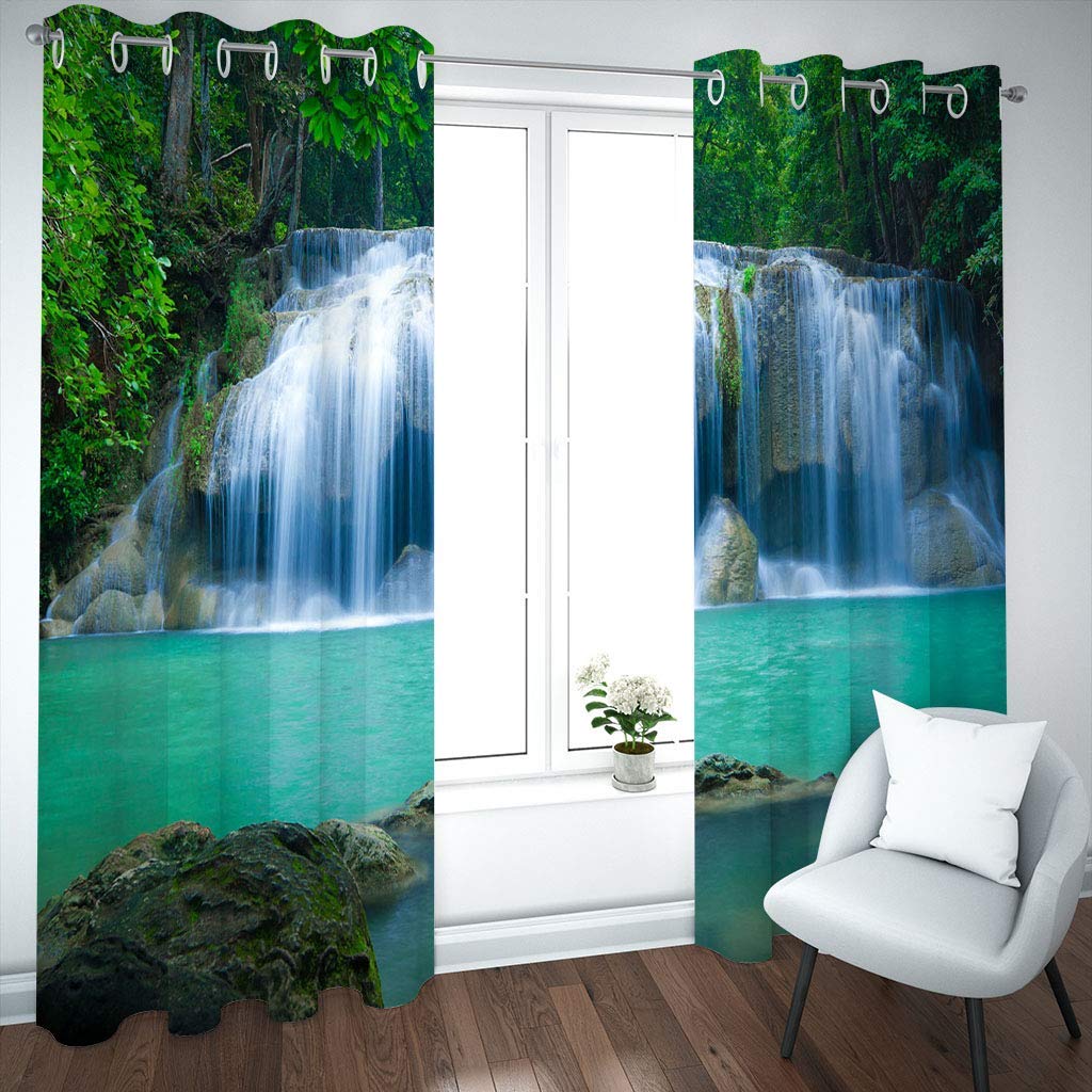 Cortinas Niño Niña Habitacion Opacas Con Ojales 2 Piezas 3D Piscina Profunda Con Cascada Verde Patrón 264X214Cm（An X Al）Cortinas Termicas Aislantes Frio Y Calor Salón Dormitorio Ventana Decoración