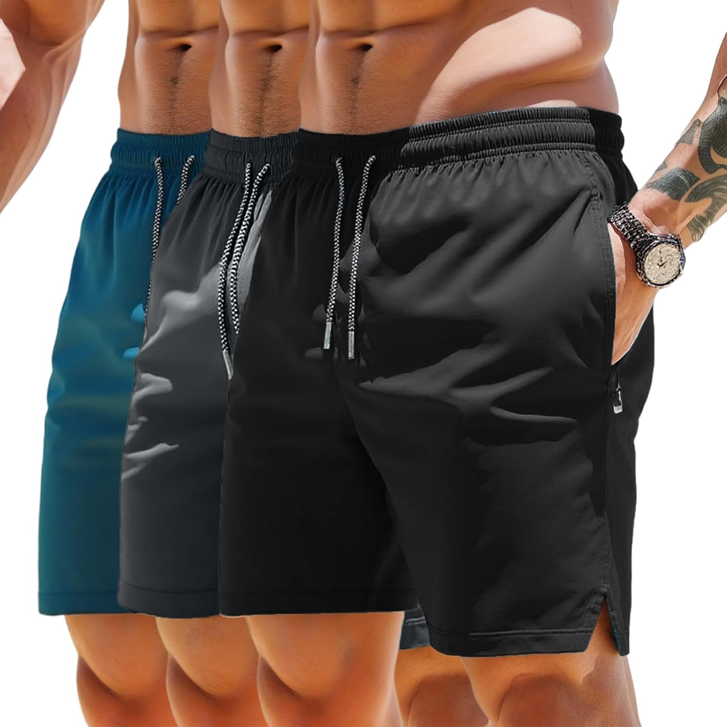 3 Set Men’s Workout Athletic Shorts Lightweight Moisture Wicking 3″ Running Shorts with Zipper Pockets Gym Beach