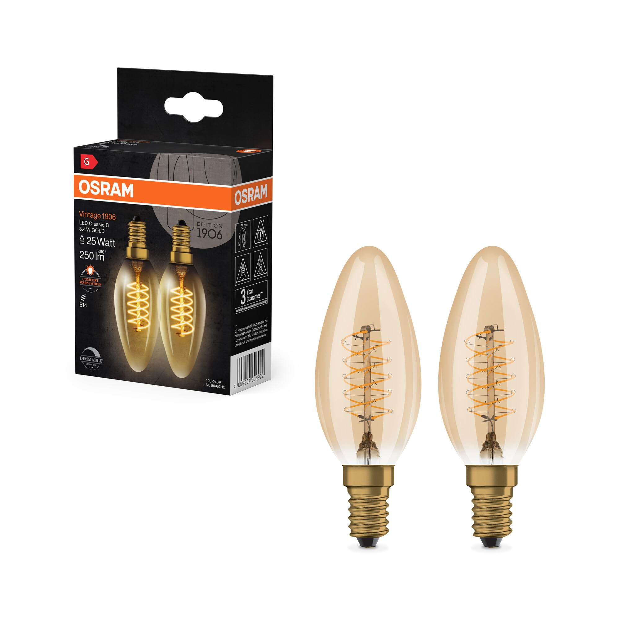 OSRAM Vintage 1906 LED Classic A,B,P Slim Filament DIMMABLE 3.4W 822 Gold E14
