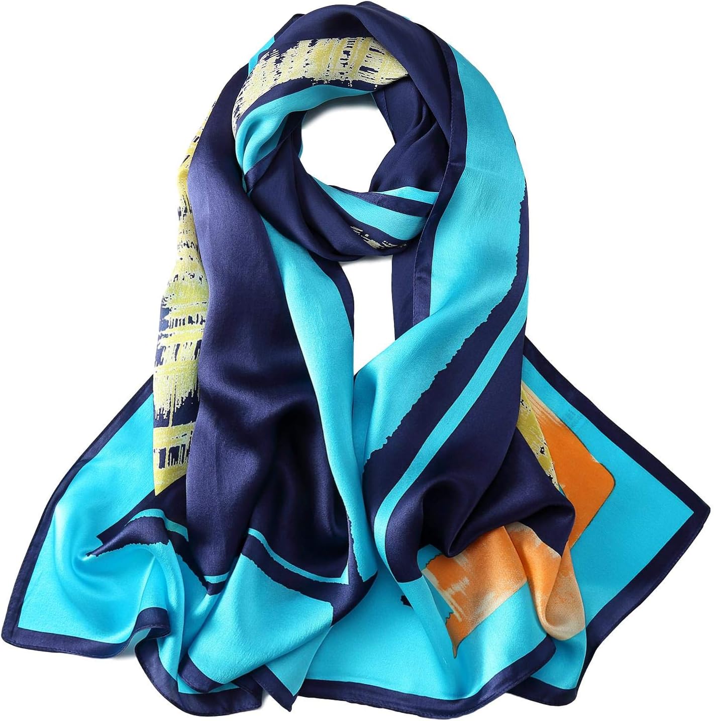 Long Charmeuse Silk Scarf Floral and Graphic Print (Blue Abstract)