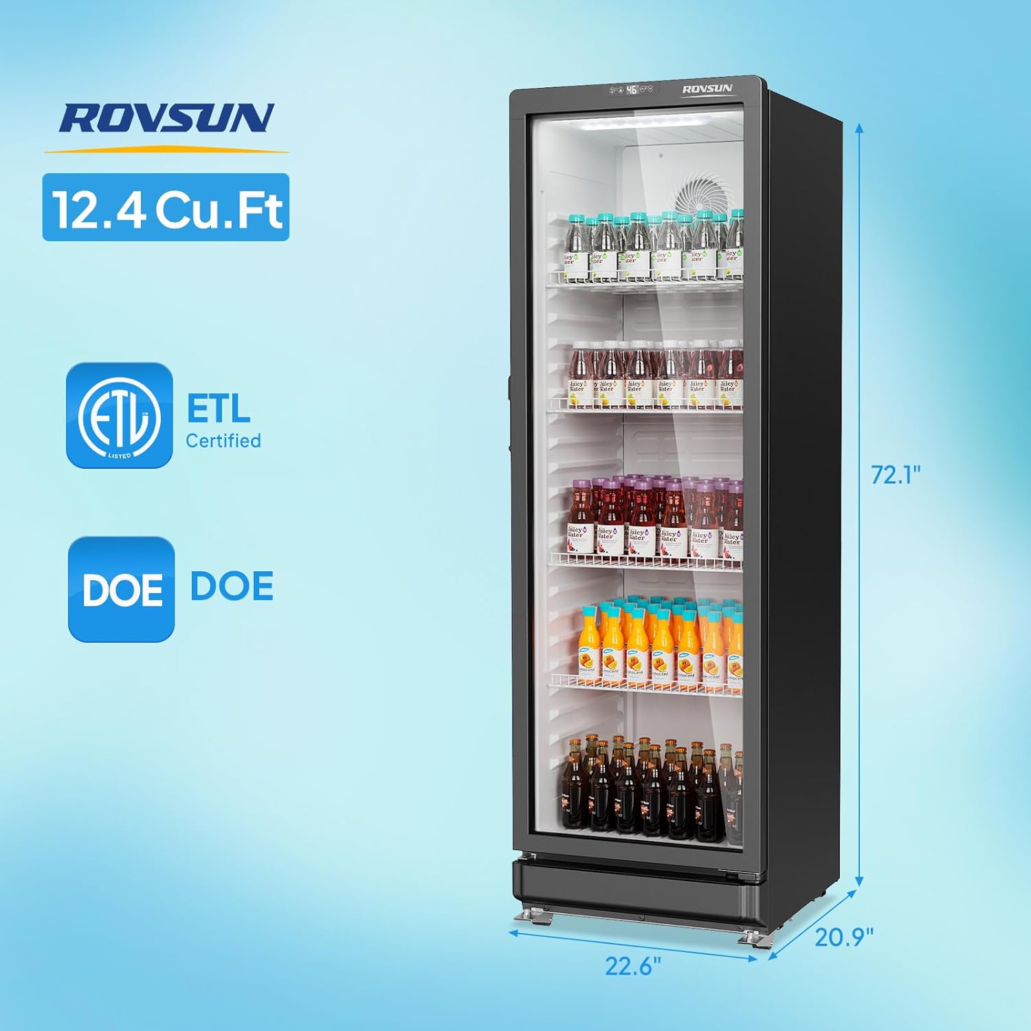 ROVSUN 12.4 Cu.Ft Commercial Refrigerator Display Refrigerator ETL NSF Certified, Slim Commercial Beverage Cooler Glass Door Merchandiser Drink Fridge w/Adjustable Shelves LED Light for Bar Restaurant