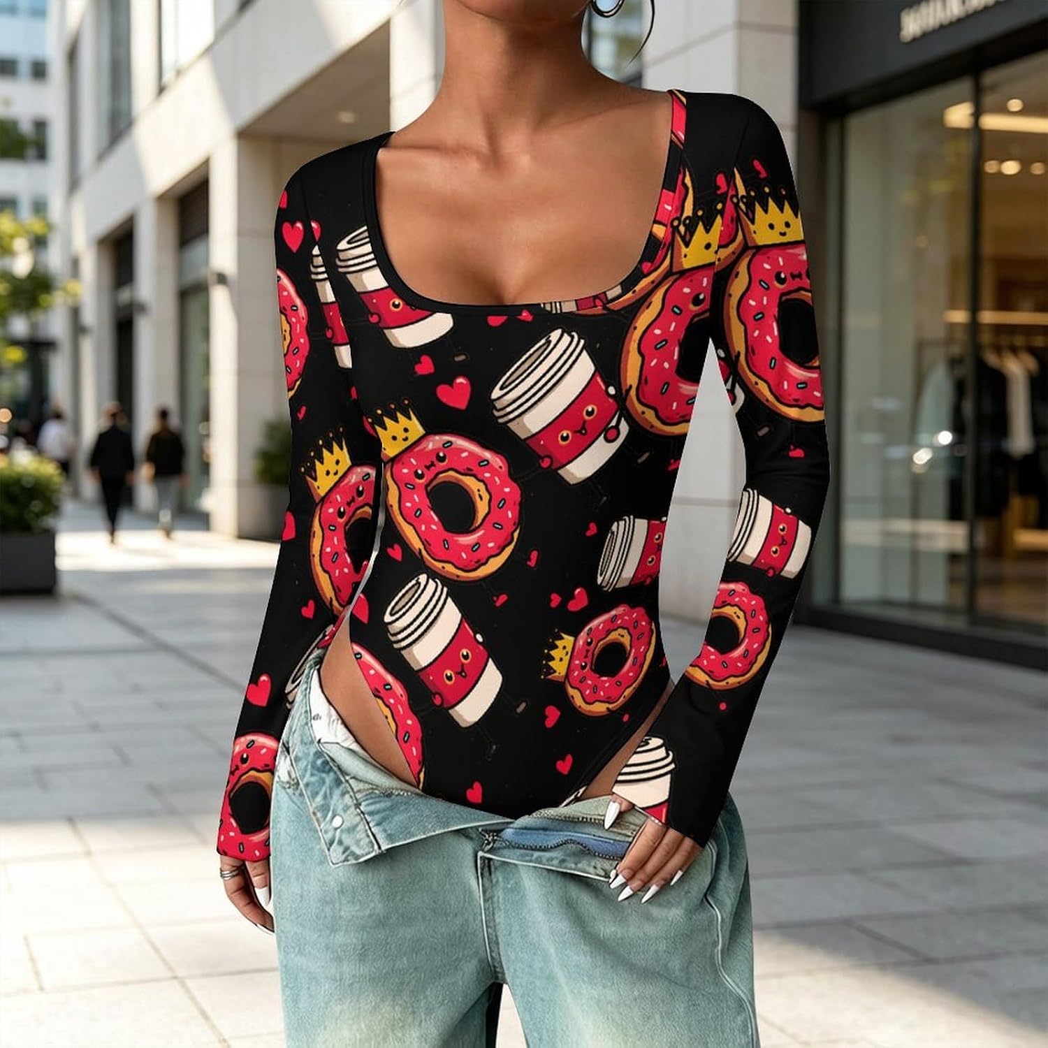 Coffee Donuts Women's Bodysuits Long Sleeve Top 5XL