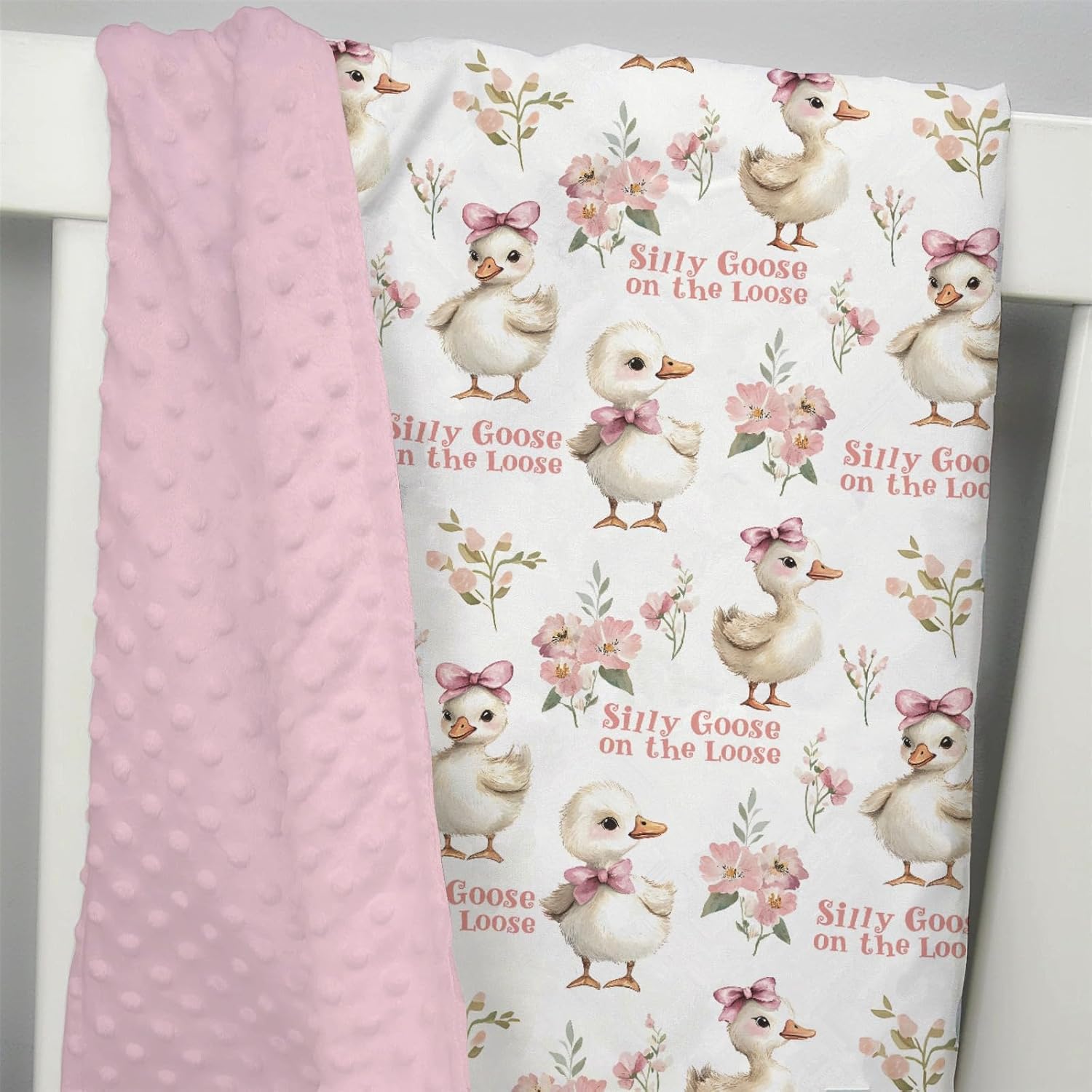 Mink Baby Girl Blanket Silly Goose on the Loose, Funny Pink Flower Geese Farm Animal Double Layer Dotted Backing Receiving Swaddle Newborn Infant Toddler Nursery Crib Bedding Shower Gift 30x40