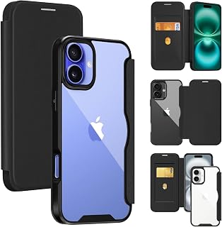iPhone16 手机壳 翻盖型 透明 背面 透明 Phone16 智能手机壳 手机套 高级PU皮革+PC面板+TPU保险杠 永久磁石 磁铁 卡片收纳 人气钱包型 翻盖保护套(黑色)