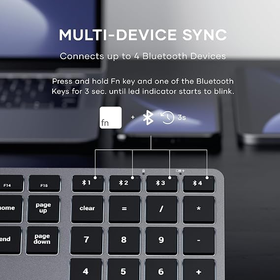Satechi Slim X3 Bluetooth Wireless Keyboard, 𝗨𝗦 𝗤𝗪𝗘𝗥𝗧𝗬 𝗟𝗮𝘆𝗼𝘂𝘁, Backlit Numeric Keypad, Multi-Device for MacBook Air & Pro M5 M4 M3, Mac Mini, iPad Air & Pro, iMac and more – Space Grey