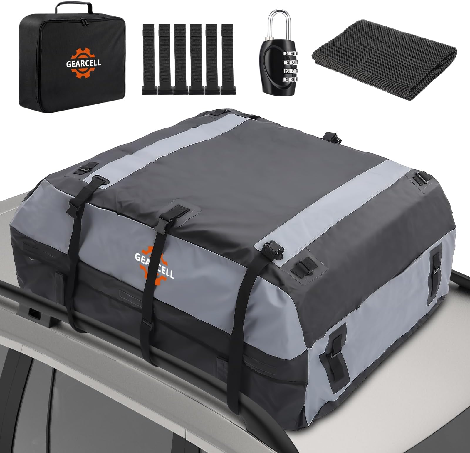GEARCELL Car Roof Bag 21 Cubic Feet 840D Waterproof Rooftop Cargo Carrier Bag for All Cars with/Without Racks Includes Anti-Slip Mat Storage Bag Combination Lock 6 Door Hooks