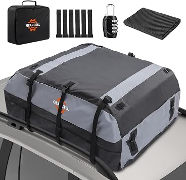 Car Roof Bag, 21 Cubic Feet Large Roofing Cargo Carrier Bags Waterproof Storage Box All Cars with/Without Racks Includes Anti-Slip Mat Combination Lock 6 Door Hooks
