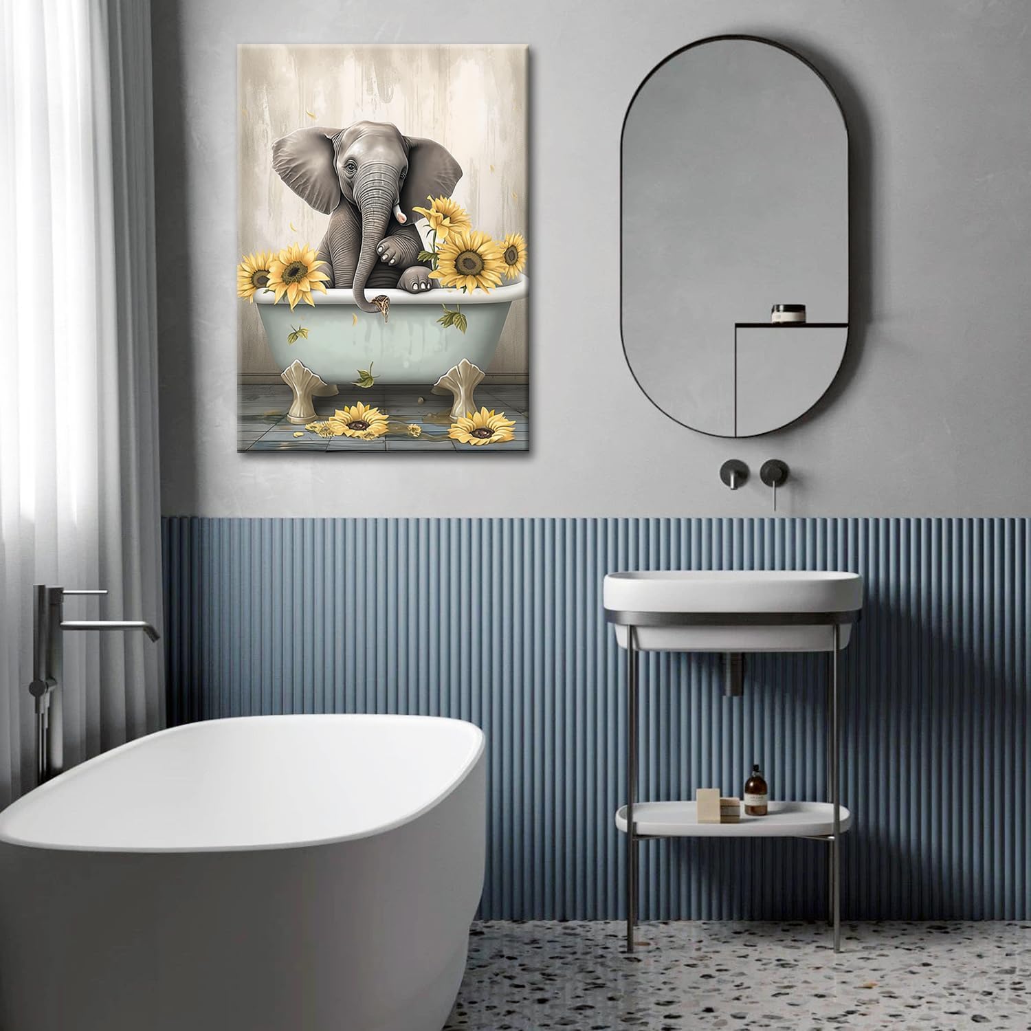 Cute Baby Elephant in A Bathtub with Sunflower Funny Bathroom Decor Wall Art Canvas Giclee Print Rustic Humor Animals Bathroom Artwork Framed (Baby Elephant, 12"x18")