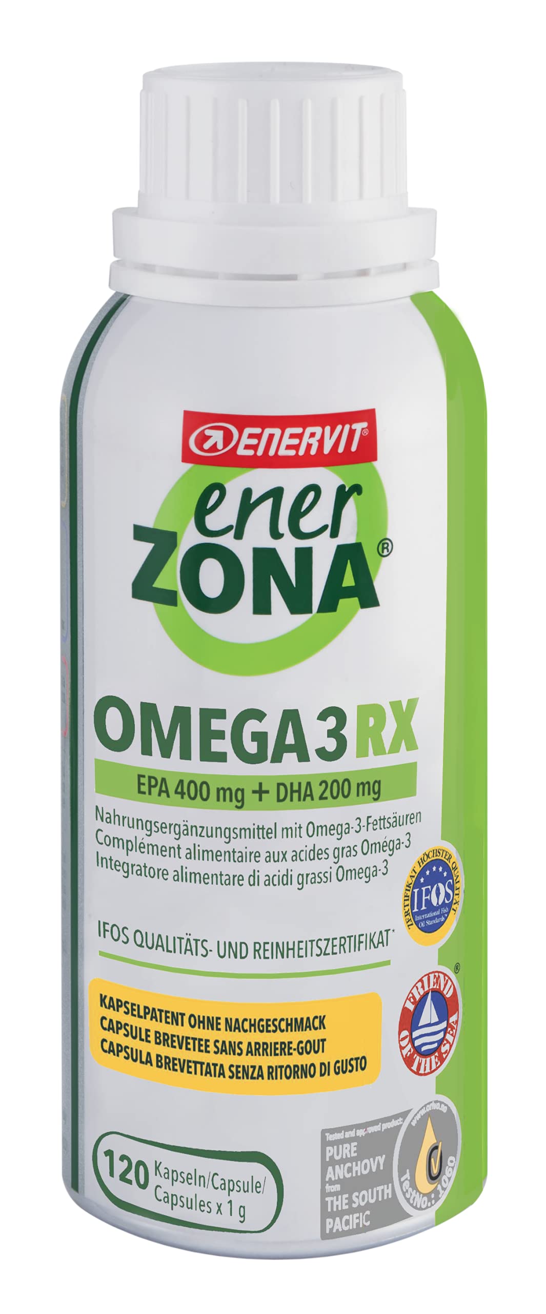 Enerzona Omega3 RX 120 Kaps. | Hochdosiert EPA + DHA | IFOS 5 Sterne: höchste Reinheit und Qualität | Friend Of The Sea: nachhaltiger Fischfang | ORIVO: Fischart und Herkunft | Entericare-Verkapselung