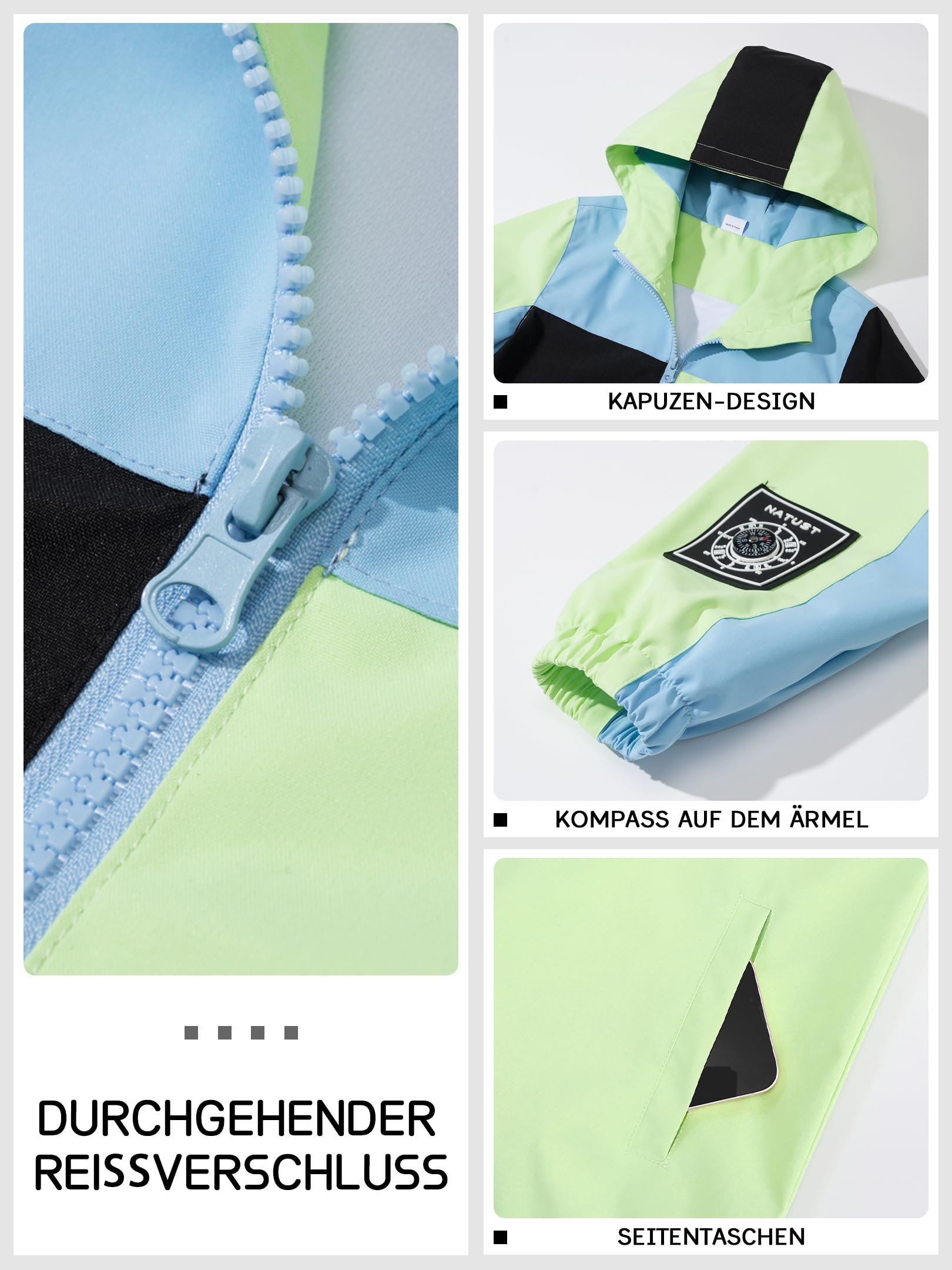 NATUST Kinder Jungen Wasserdichte Jacke Leichte Übergangsjacke Winddichte Regenjacke mit Kapuze