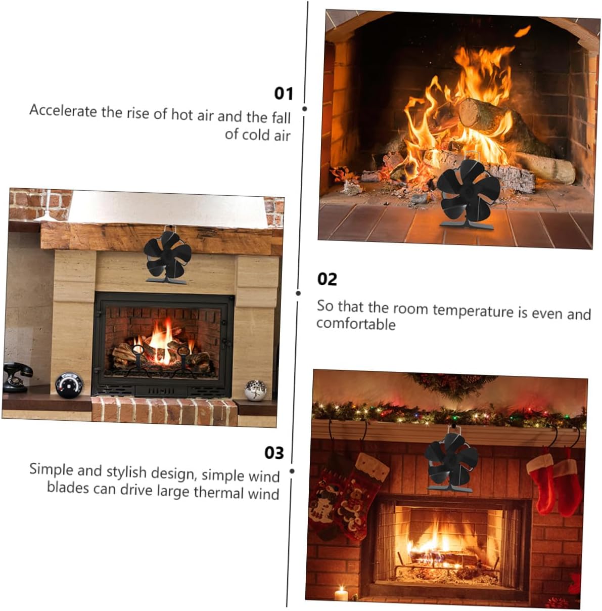 Cabilock Black 5-blade Mini Heat Powered Fireplace Fan Silent Metal Stove Fan for Residential Wood-burning Stove Heating Accessories