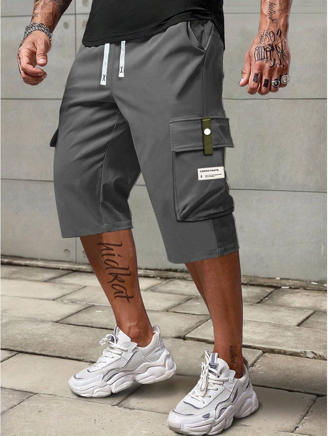 Men's Cargo Capri Pants, Multi-Pocket Elastic Waist Drawstring, Casual Cargo Shorts, for Outdoor Hiking, Camping, Daily Wear
