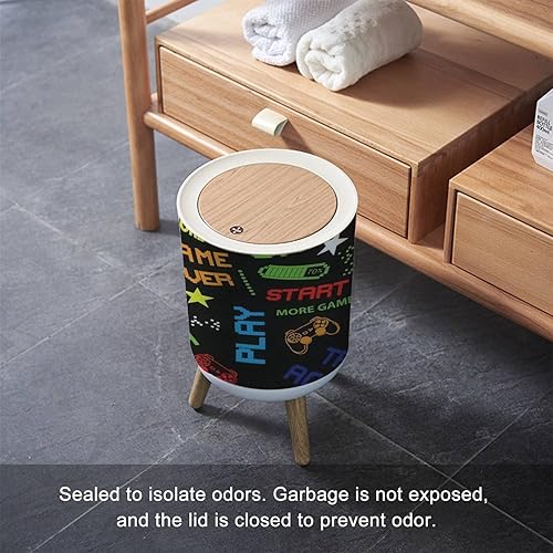 Miniatura 4 de Cubo de basura con tapa, sin costuras, abstracto en estilo de juego de píxeles con palabras de dados para niños, cubierta de prensa pequeña, cubo de