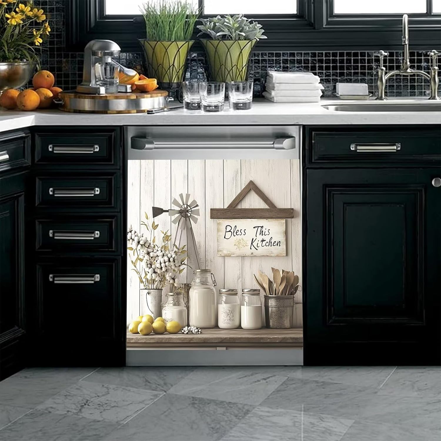 Bless This Kitchen Dishwasher Magnet Decorative Cover, Seasoning Jar Cotton Flower Refrigerator Panel Decal, Lemon Magnet Appliance Sticker 23" x 26"(Magnetic)