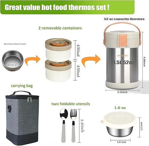 Miniatura 2 de Termos de comida caliente para adultos de 52 onzas, contenedor de alimentos aislado, kit de lonchera aislada de 2 capas de acero inoxidable al