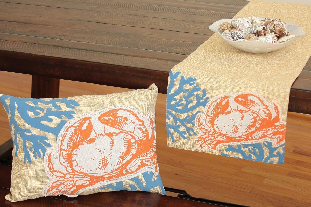 Applique Crab with Print Coral Coastal Table Runner, 13.5 by 72-Inch, Sea Shell