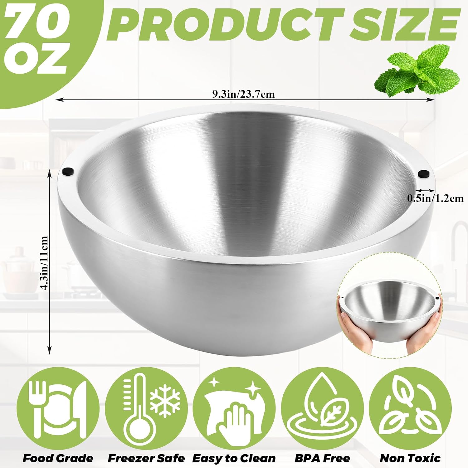 70oz Dip Chiller Bowl, Stainless Steel Double Walled Insulated Ice Serving Bowl for Parties, Large Capacity Chilled Dip Dish for Guacamole, Salsa, Sauces, Salad & Food Hot or Cold