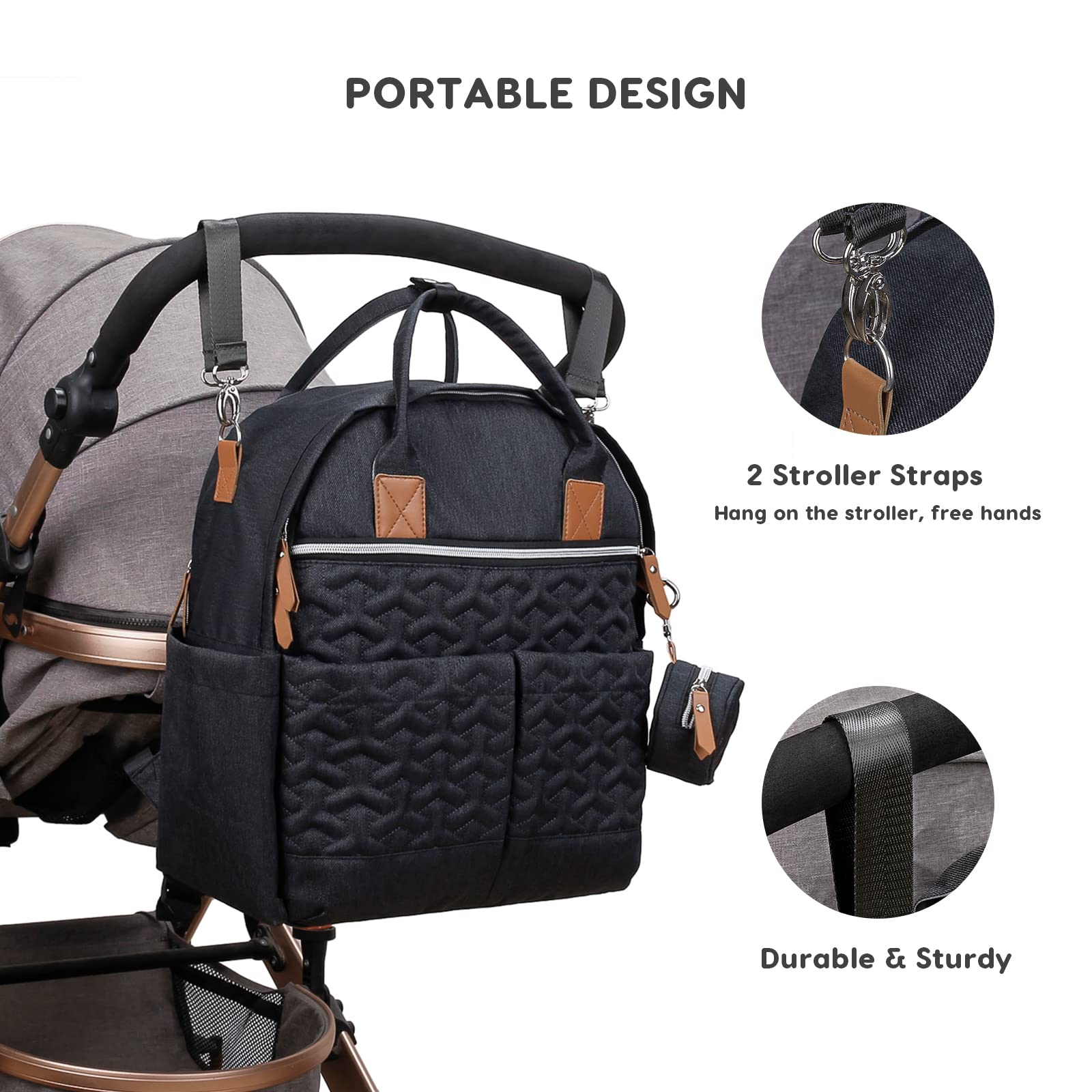 SONARIN Portable Grande Capacité Sacs à Dos à Langer pour Bébé,Sacs à Langer Multifonctionnel Imperméable Sac à Couches de Voyage avec Sac à Tétine & Crochets de Poussette(Noir)