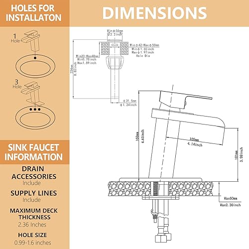 Miniatura 6 de Grifo monomando para lavabo (níquel cepillado), grifo para lavabo en cascada, mezclador, monomando.
