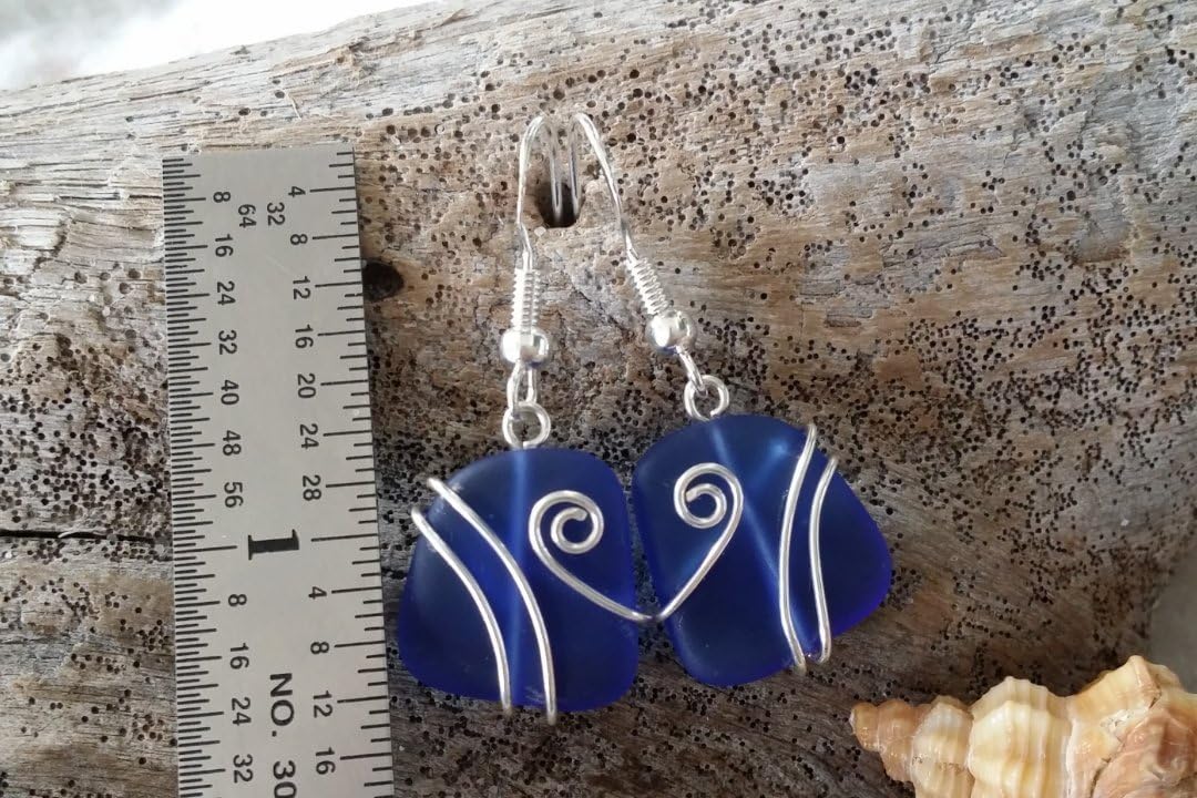 Handmade Sea Glass Earrings, Hawaiian Jewelry for Women, Wire Cobalt Blue Earrings, Unqiue Beach Jewelry, Sea Glass Birthday Gift For Women (Septermber Birthstone)