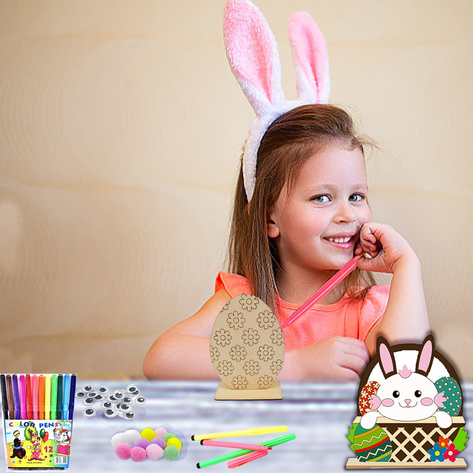 Qunkun Haasjes van hout om te beschilderen, 8 stuks doe-het-zelf paashaasdecoratie, paashaas voor kinderen, knutselsets, paashaas, houten kip, houten eieren met 12 pennen zelfklevende pop-oog