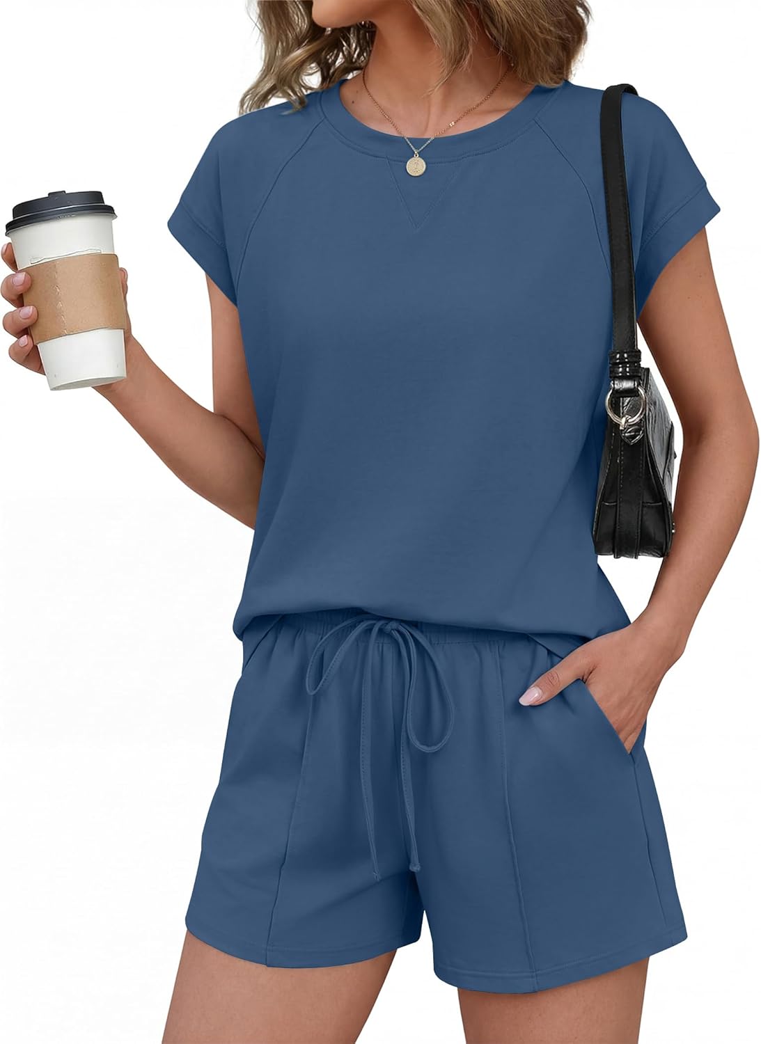 Ekouaer Cotton Two Piece Sets for Women Summer Short Set Crew Neck Matching Sets Cap Sleeve Vacation Outfits With Pocket