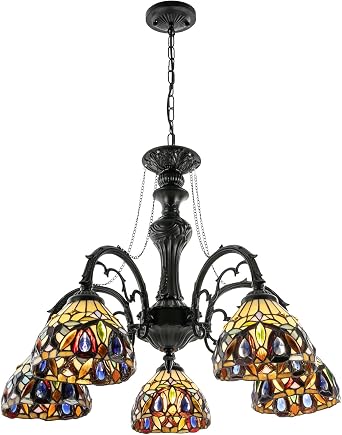Chandeliers, 5-Light Victorian Style Stained Glass Pendant Light with Adjustable Height Ceiling Hanging Light Fixtures for Living Room Kitchen Entryway