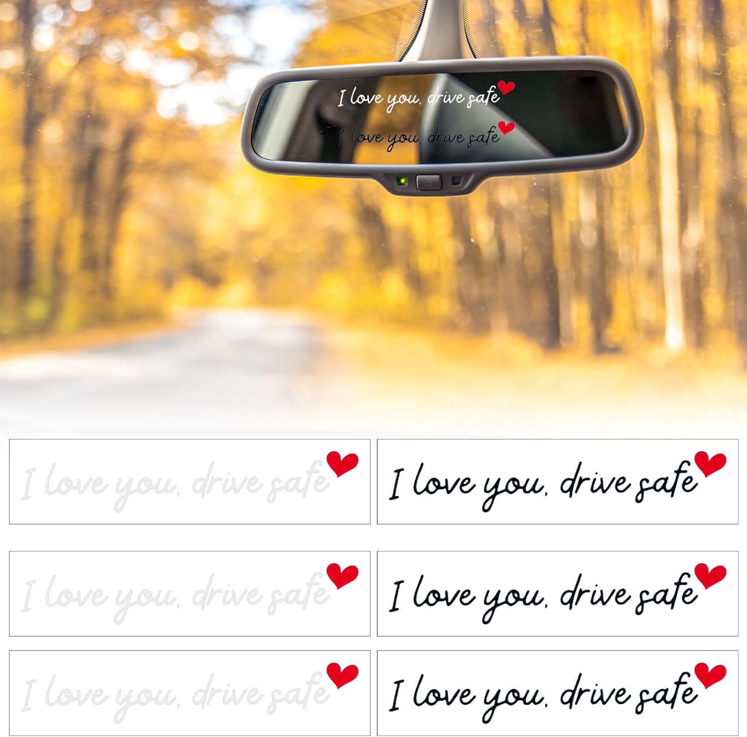6X I Love You Drive Safe Mirror Sticker, Cute Car Stickers, Holographic Rearview Mirror Decal, Car Stickers for Women, Car Decorations Interior, Fits Most Vehicles (Black/White) - Image 2