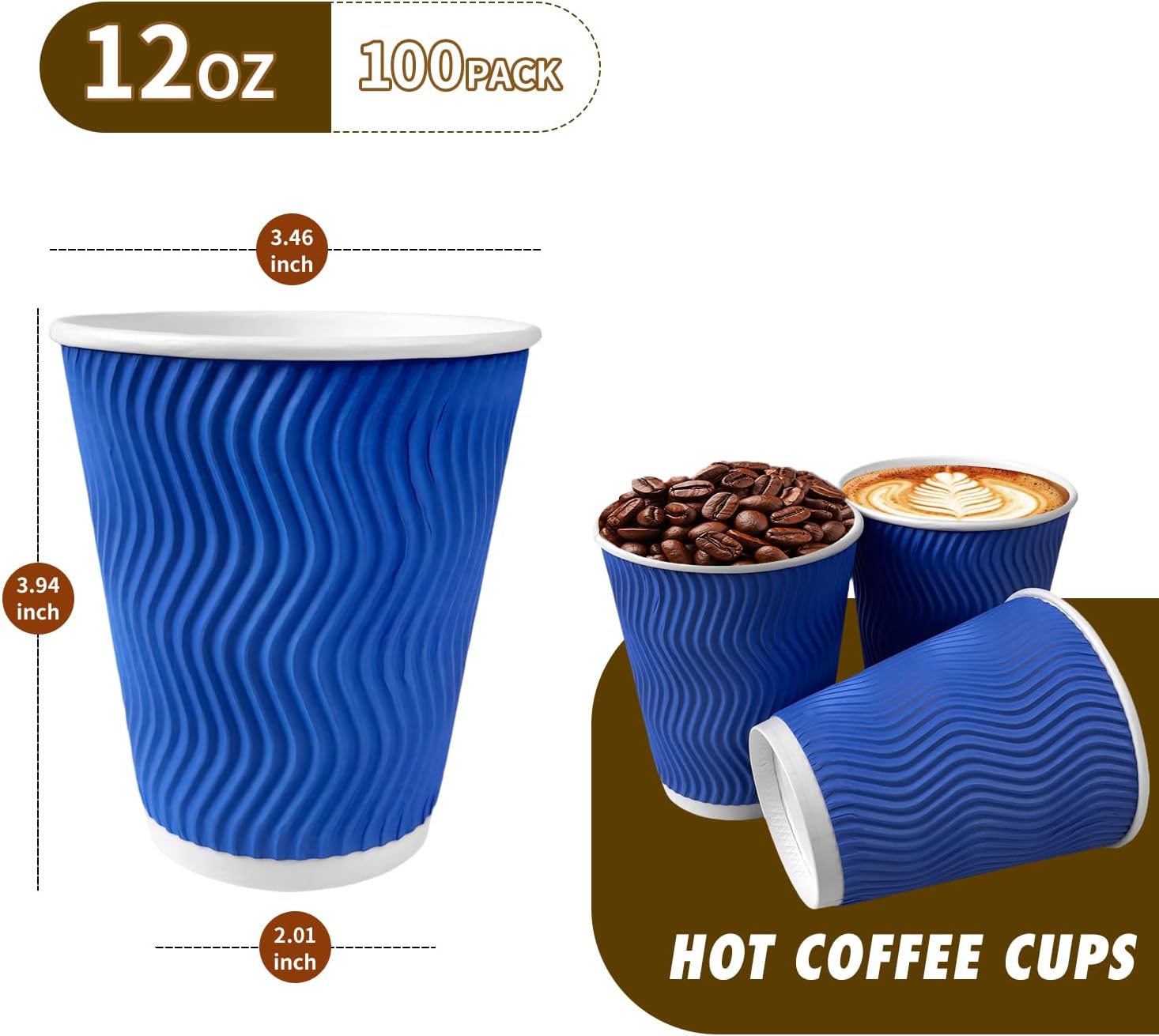 12 oz Coffee Cups 100 Count, Disposable Paper Cups 12oz, Corrugated Ripple Wall To Go Coffee Cups for Hot Beverage Party Home Office School Work Morning Coffee Bar, Blue - Image 2