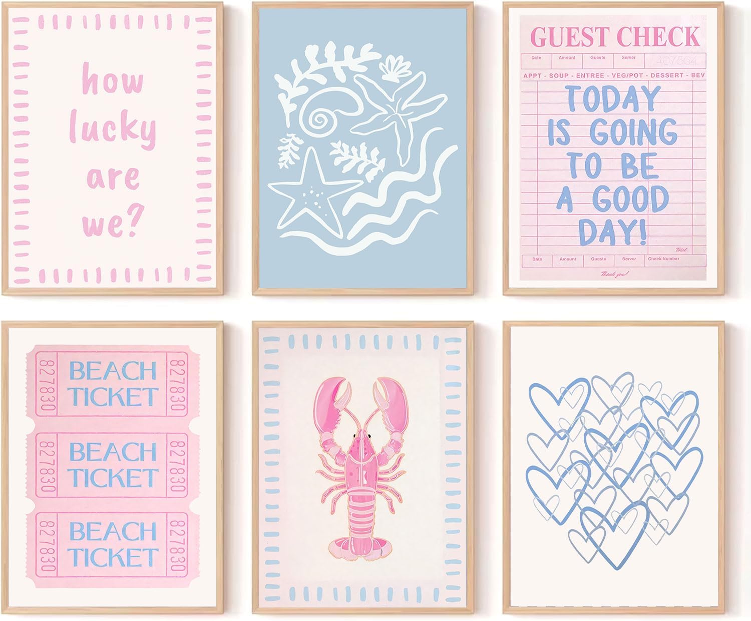 Zuowclli 6Pcs Coastal Granddaughter Wall Art Prints Pink Blue Beach Beach Preppy Wall Decor Pictures Summer Beachy Aesthetic Posters for Girly Bedroom Dorm Apartment Home Decoration Unframed 12x16in