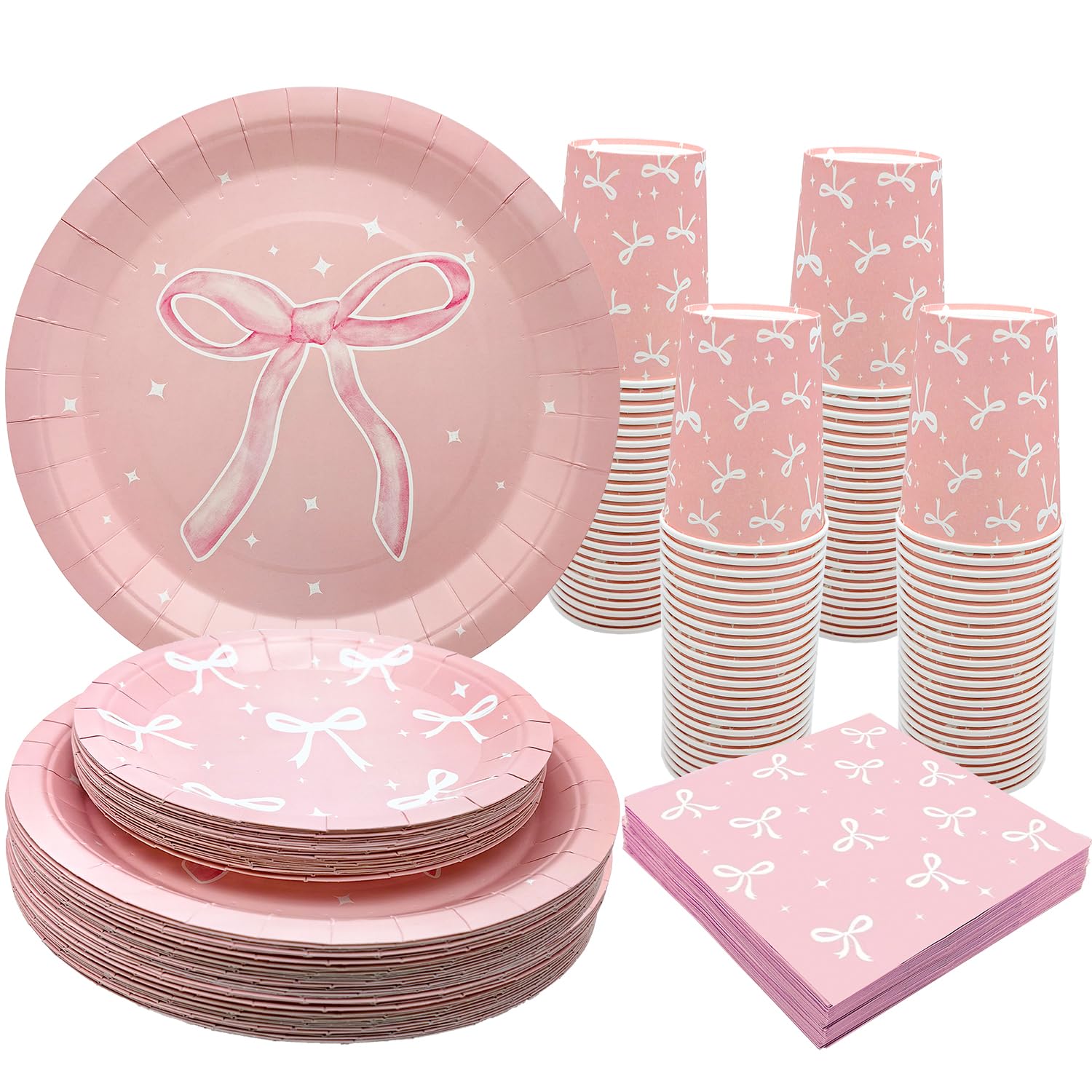 100Pcs Pink Bow Birthday Party Supplies,Pink Bow Tableware Set 9"& 7" Pink Bow Plates Pink Bow Napinks Cups Pink Bow Theme Girls Bachelorette Baby