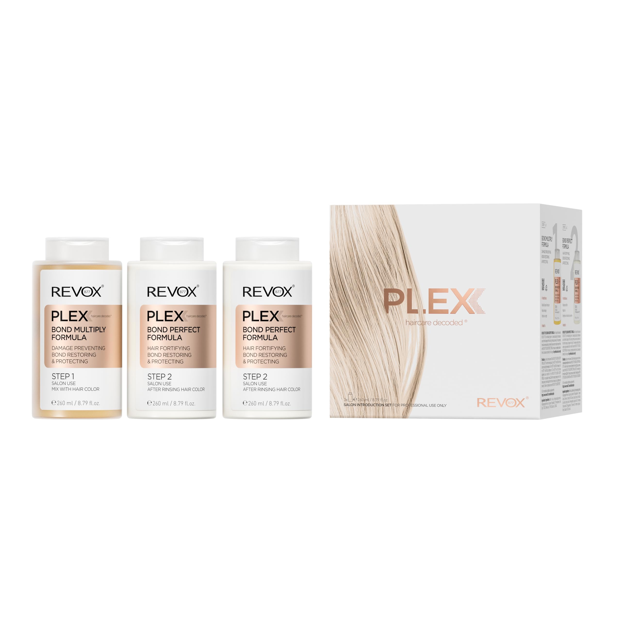 REVOX B77 - Set Tratamiento Pelo Profesional, 1 Plex Bond Multiply Formula Paso 1 de 260 ml + 2 Plex Bond Perfect Formula Paso 2 de 260 ml, Reduce Daños del Cabello en Procesos Químicos en Peluquería