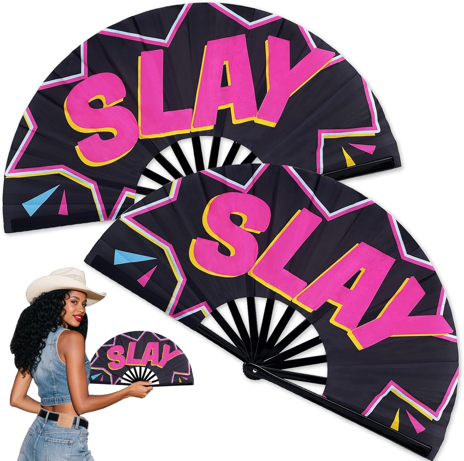 HJX 6Pcs Boots On The Ground Hand Fan Clacking Fans for Line Dancing, 13'' Large Rave Popping Folding Fan for Women Men