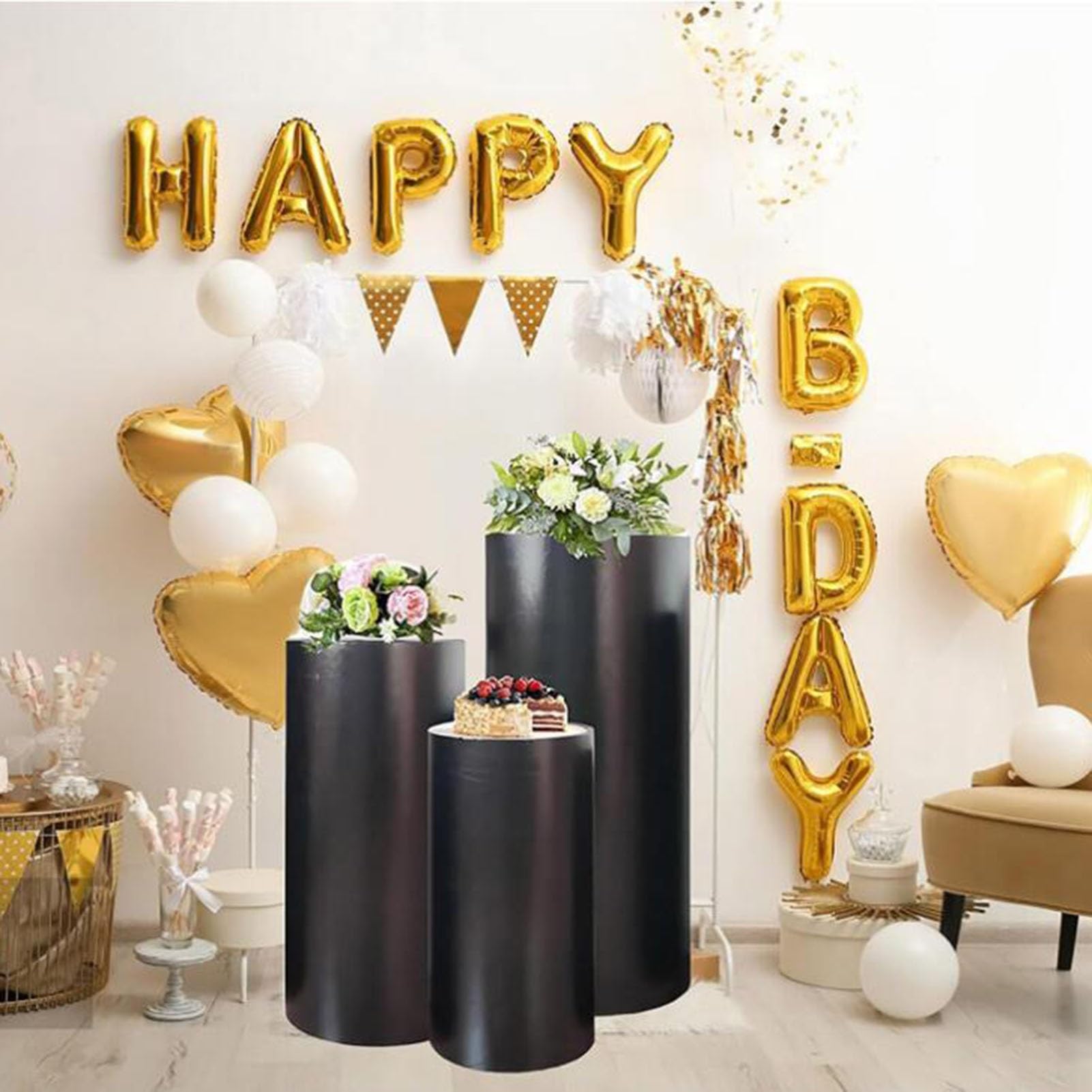 Stoły cylindryczne na imprezy, dekoracje, podstawki pod desery, pokrowce stół, wesela, urodziny(Black,3pcs)