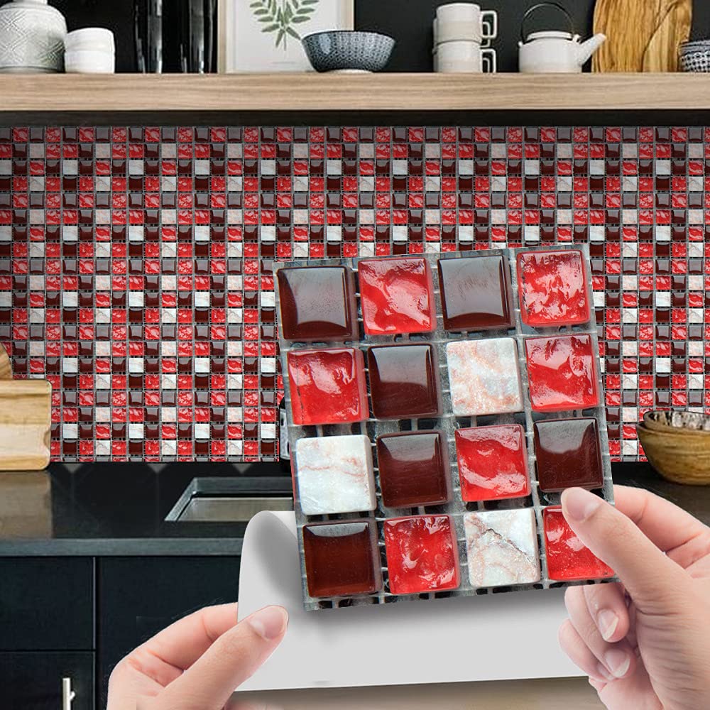 Hiseng 30pcs Wall Tile Stickers, Hiser Retro Mosaic Style Square Waterproof Marble Decals Sticker for Kitchen Living Room Bathroom Home Floor DIY Decor Self-Adhesive 10x10cm (Red)