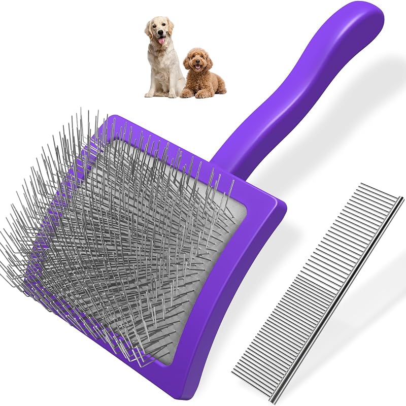 Pente e Escova Cardadeira para Cães Saccison, Pinos Extra Longos, Roxo, Grande, Pacote com 2