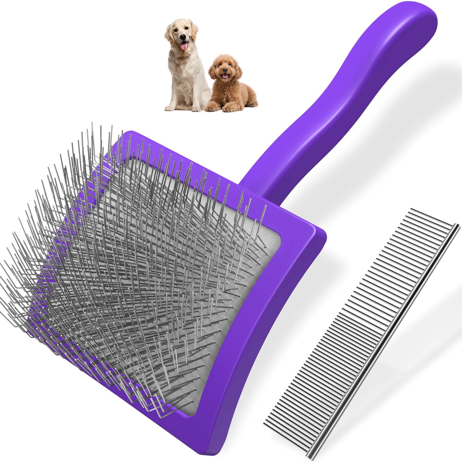 Photo 1 of 2PCS Slicker Brush for Dogs & Pet Comb,Professional Dog Grooming Brush (Goldendoodles,Poodles,Labradoodles) with Extra Long Pins to Effectively Remove Tangles, Knots and Mats (Purple, Large)