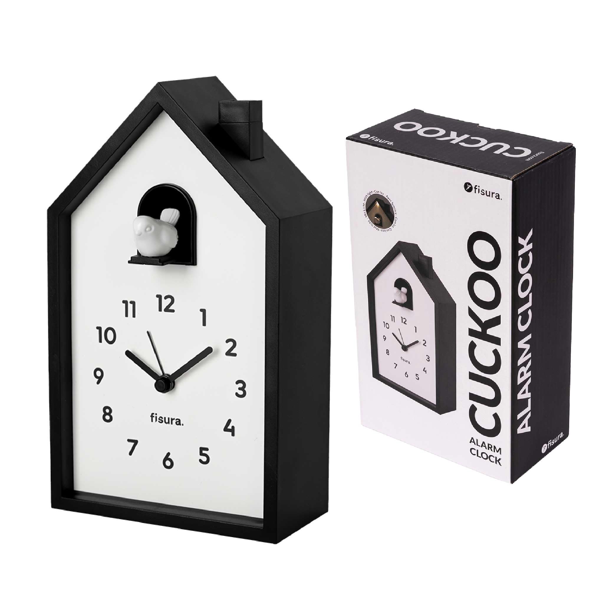 Fisura – Cuckoo alarm clock house with color, bedside table clock, original analog alarm clock with hands, snooze button, and light, Powered by 3 AA batteries (not included). (White)