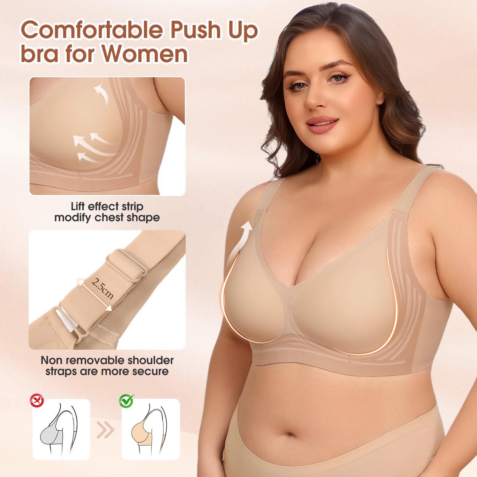 XJBTBA Biustonosze damskie Plus Size Biustonosz push-up bez fiszbin Pełne pokrycie Staniki podtrzymujące Wygodny bezprzewodowy biustonosz bez szwu Biustonosz damski na co dzień z wyjmowaną wyściółką