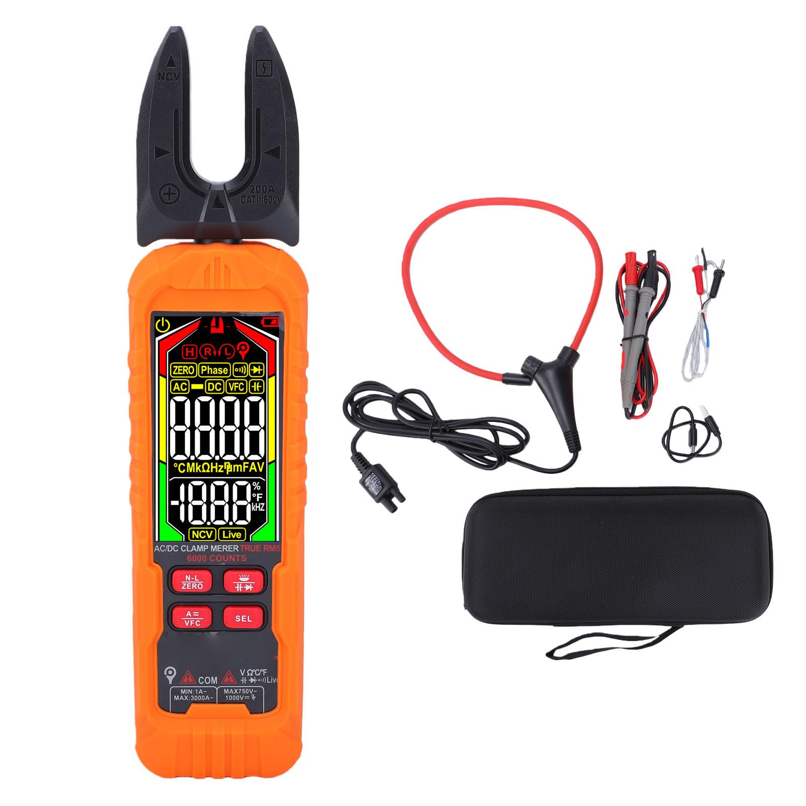 Eujgoov Pinza Amperometrica Digitale Intelligente 6000 Conteggi Vero RMS AC DC Gamma Automatica con Tester di Tensione Senza Contatto NCV Torcia a Ganascia Ruotabile a 90° Mantenimento