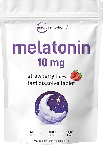 Micro Ingredients Melatonina 10 mg, 400 tabletas Sabor natural de fresa Disolución rápida Sin drogas Apto para vegetarianos Sin OMG, sin