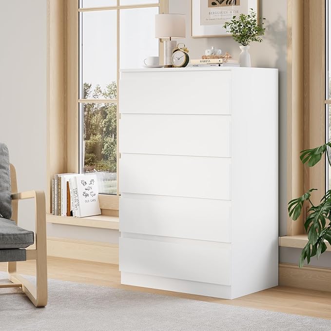 OtterOasis Wide Wooden Chest: A Sleek 5-Drawer Dresser with High Gloss Finish