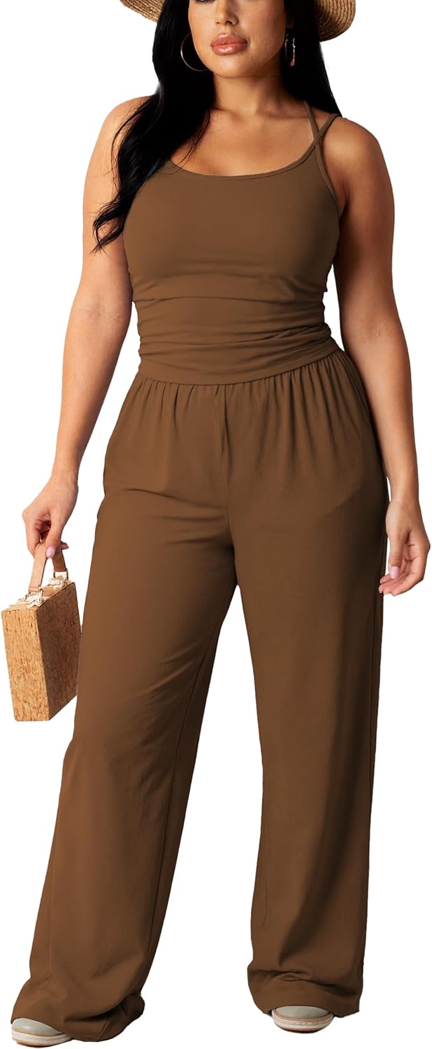 HBQ Women's 2 Piece Sets Casual Spaghetti Strap Top Wide Leg Pants Vacation Lounge Matching Outfits - Image 2