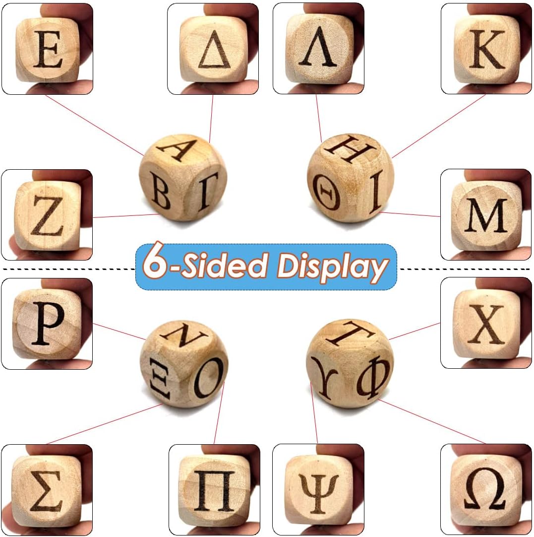The Greek Alphabet Wooden Dice Set, 24 Carved Greek Letters Pattern Cube Rolling Dices for Teaching Party Game (Capital, 4Pcs/Set)