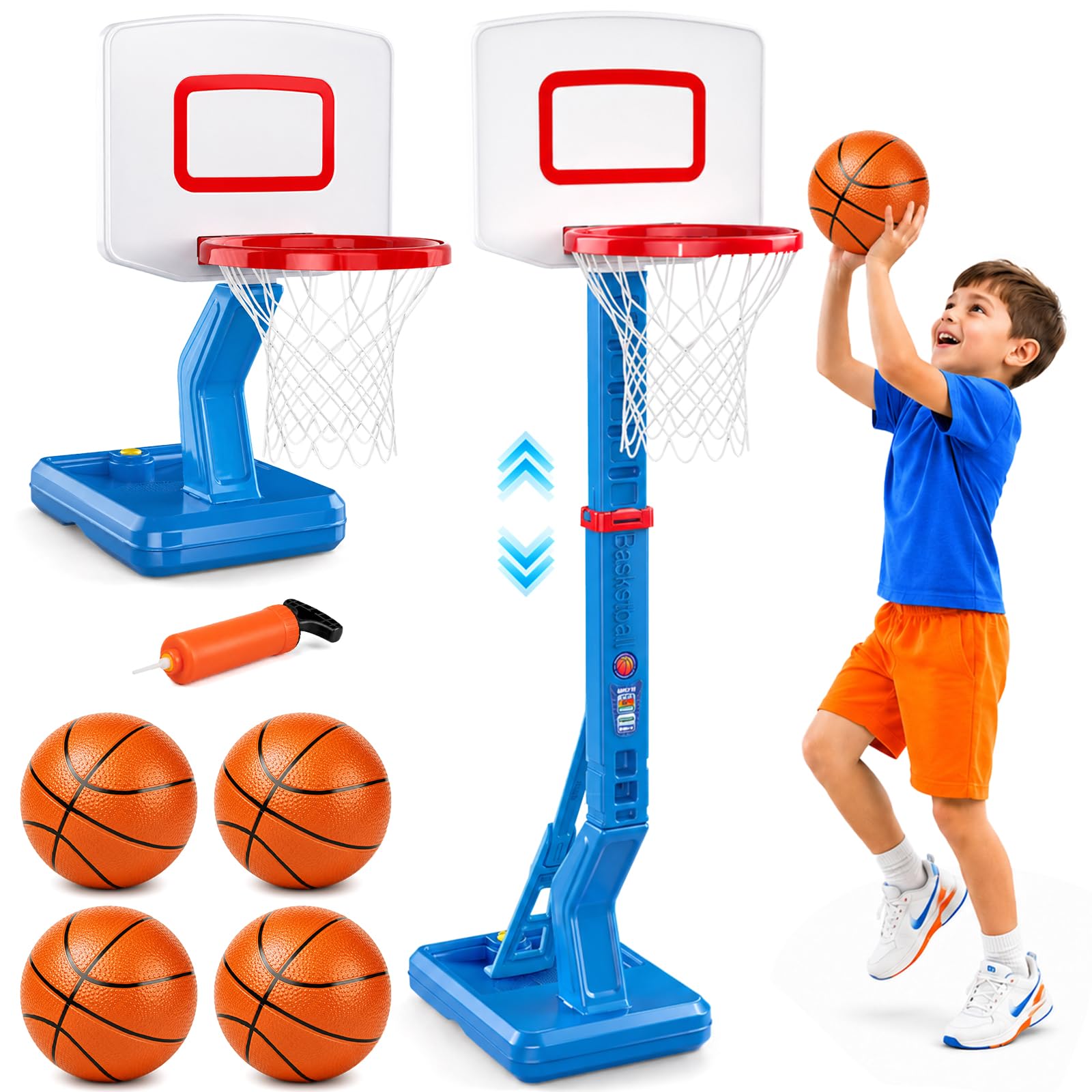 Sitodier Basketball Hoop for Kids, Height-adjustable (70-138cm) Basketball Hoop and Stand for 1-8 Years Old Boys Girls, Toddler Sport Toy with 4 Balls & Pump Indoor Outdoor