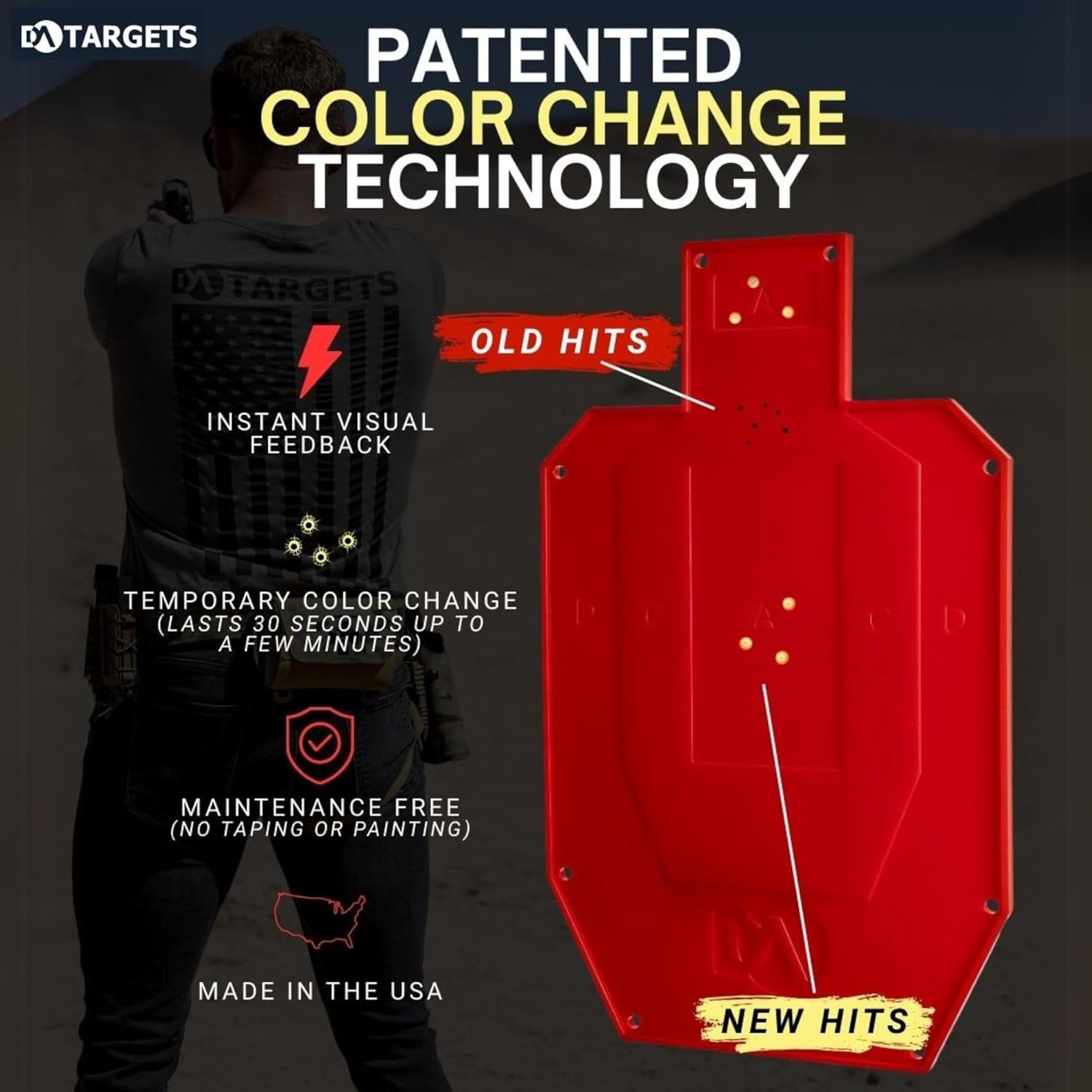 DA Targets - Half-Size Silhouette Target, Color Changing, Self-Healing, Reactive Shooting Target, Ricochet Free, Reusable, Weatherproof, 100% Made in USA