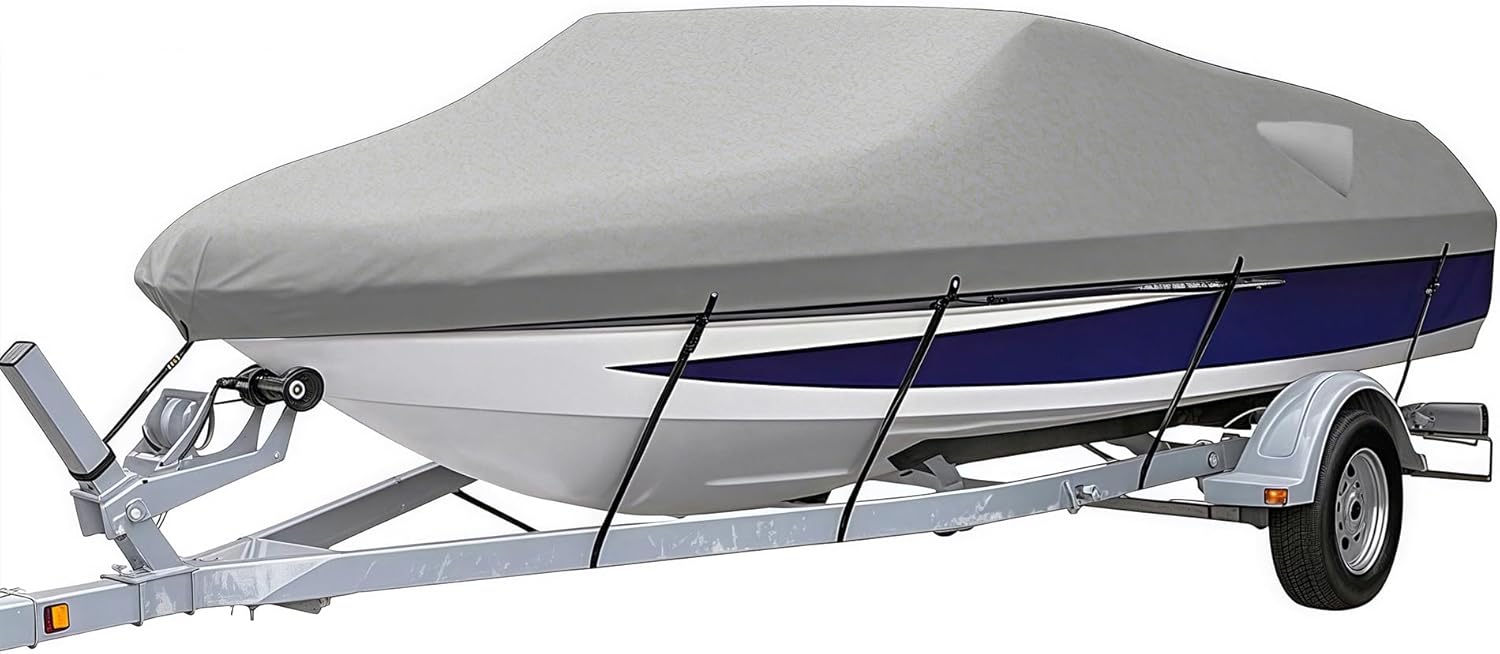 Boat Cover 900D Heavy Duty Marine Grade Oxford Fabric PU Coating Fits 17' 18' 19' Length 96" Beam Width Pro-Style Bass V-Hull Tri-Hull Trailer Fishing Ski Runabout Boat Cover with Carrying Bag Grey