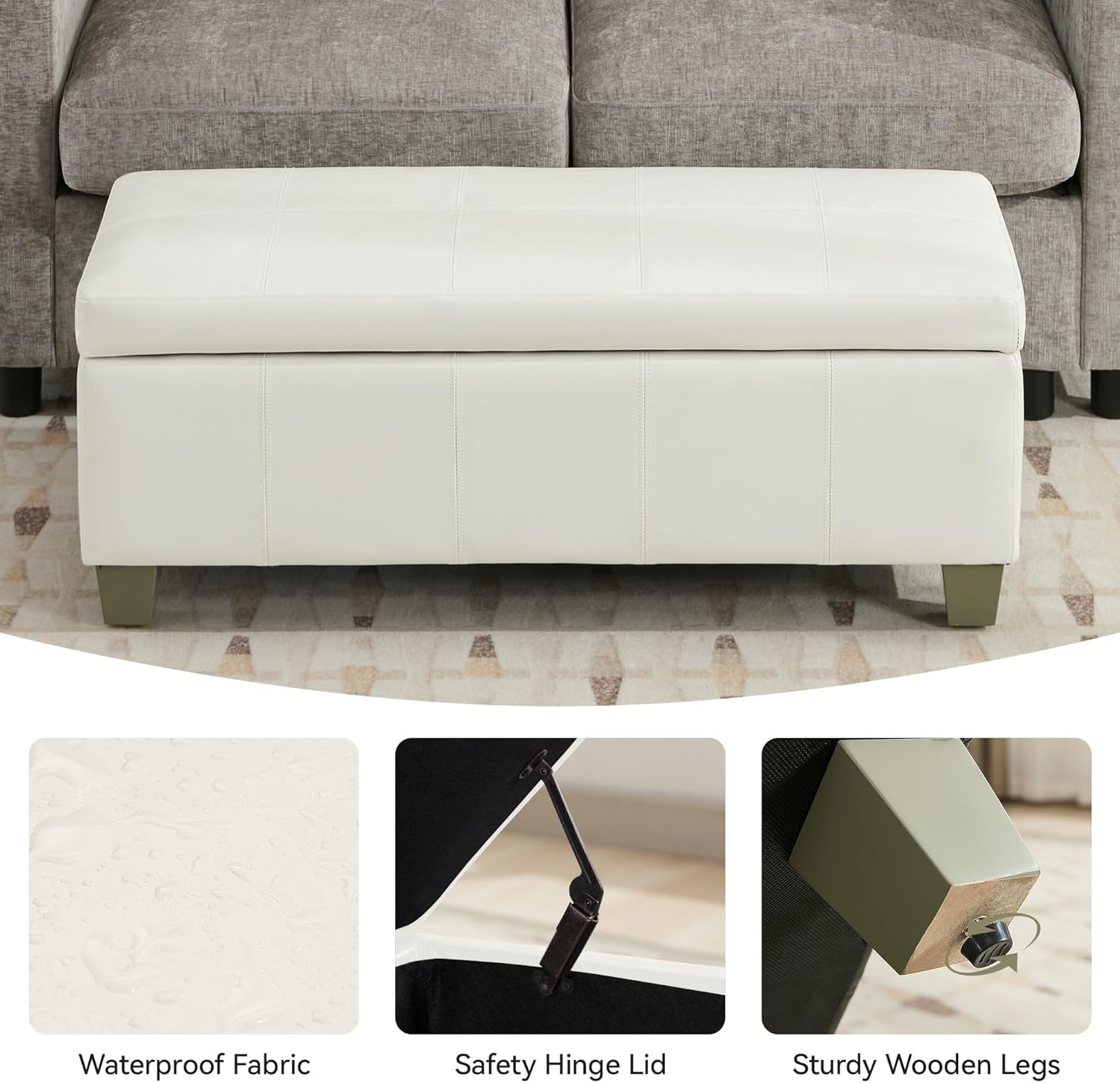 41" Faux Leather Storage Ottoman, Stitch Tufted Rectangle Upholstered End of Bed St... - Image 4
