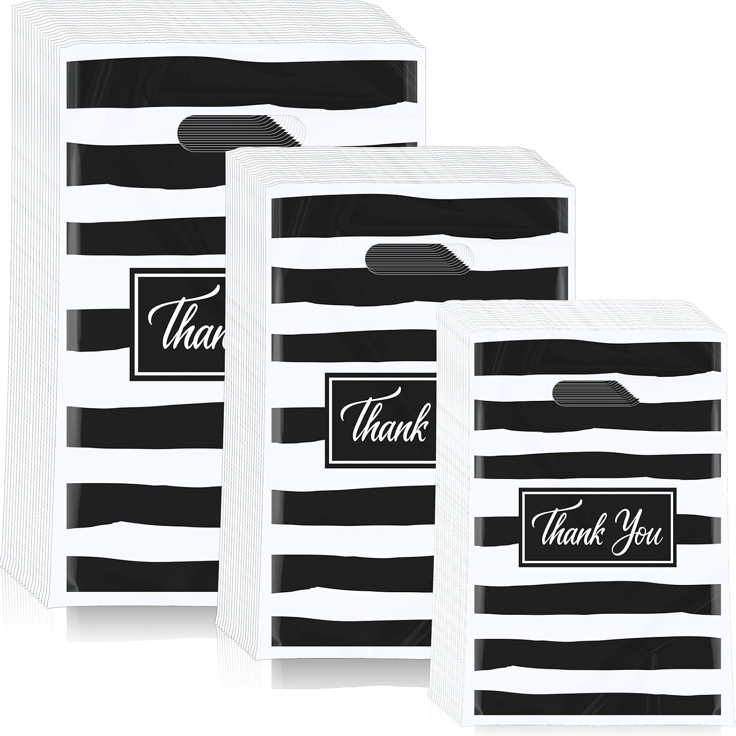 Jeyiour 300 Pcs Thank You Merchandise Bags with Handles Die Cut Plastic Shopping Bags Thank You Gift Boutique Goodie Sacks for Party Stores, 3 Sizes(Stripe)